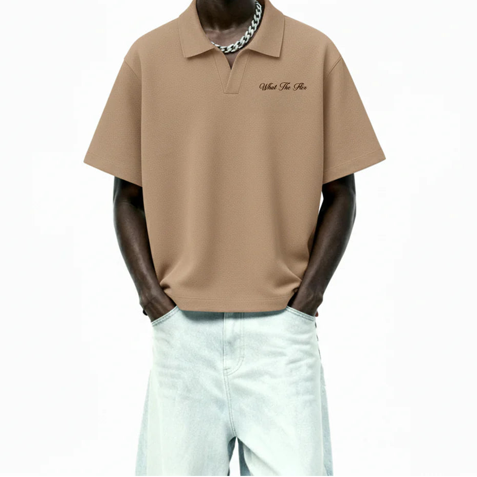 DriftWear Clothing's Raw Beige Waffle Boxy-Fit Polo T-Shirt