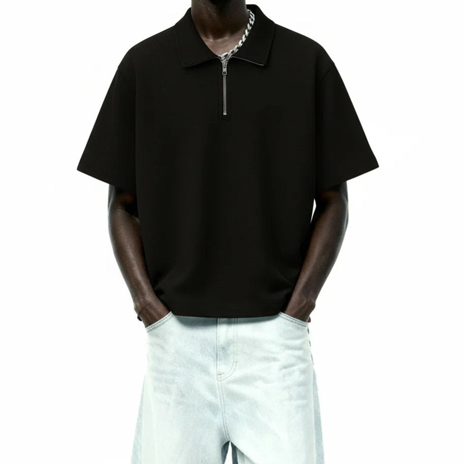 DriftWear Clothing's Ash Black Waffle Zip Polo Boxy-Fit T-Shirt