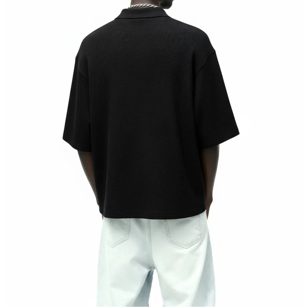 DriftWear Clothing's Ash Black Waffle Zip Polo Boxy-Fit T-Shirt