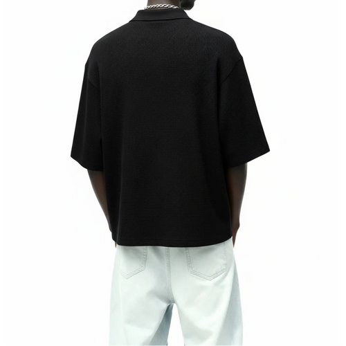 DriftWear Clothing's Ash Black Waffle Zip Polo Boxy-Fit T-Shirt