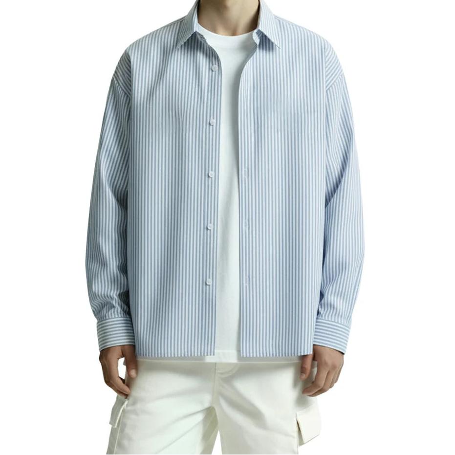 DriftWear Clothing's Ice Blue Striped Boxy-Fit Cotton Shirt