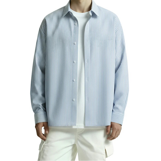DriftWear Clothing's Ice Blue Striped Boxy-Fit Cotton Shirt