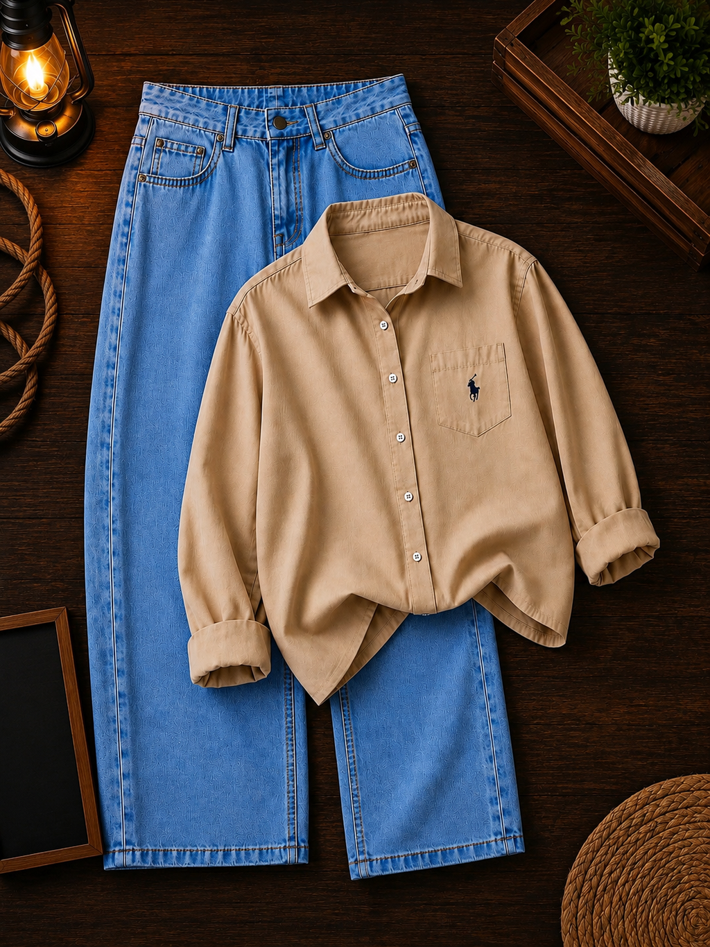 Premium Beige Shirt & Light Blue Denim Jeans Co-Ord Set
