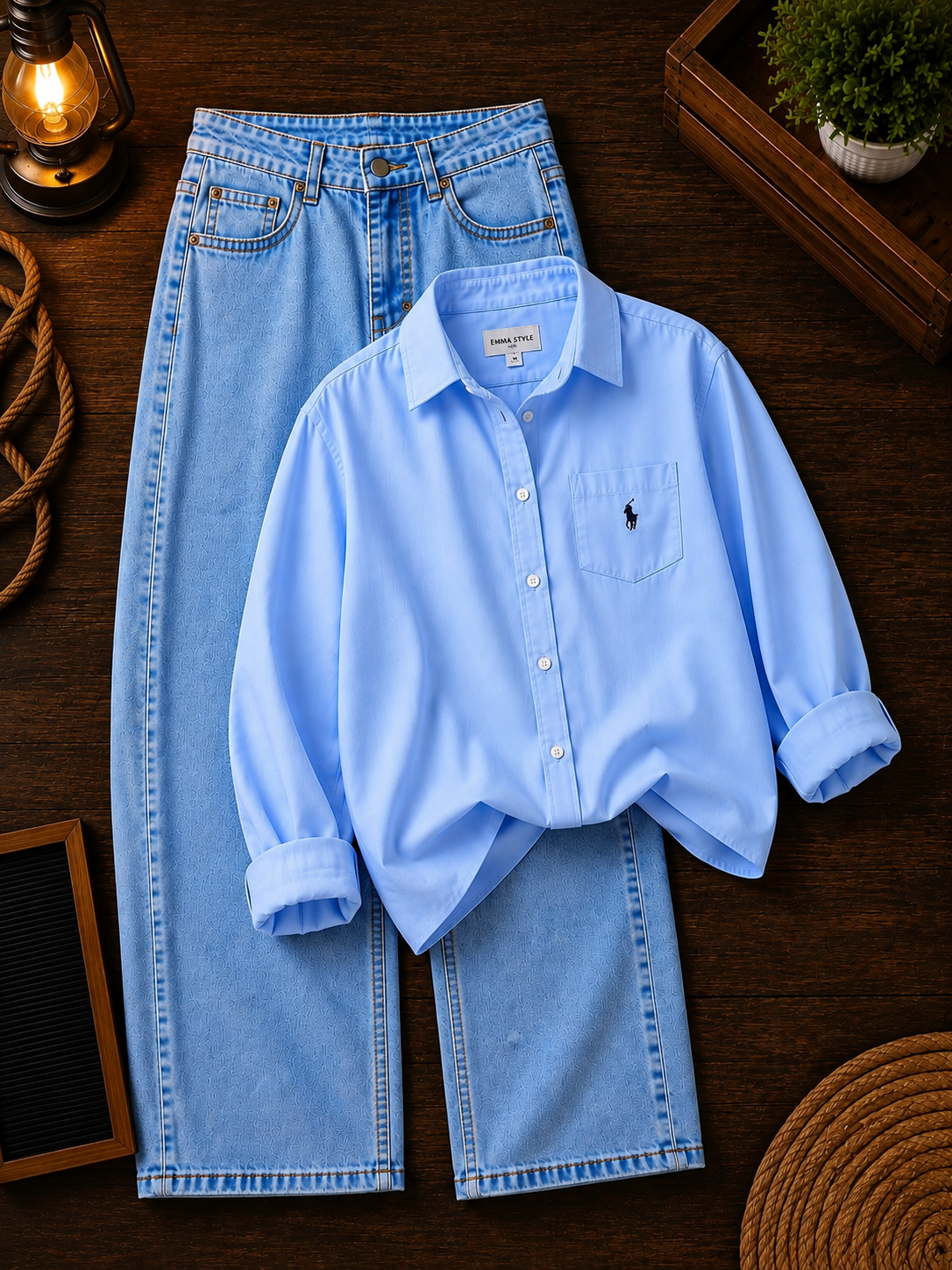 Premium Sky Blue Shirt & Light Blue Denim Jeans Co-Ord Set