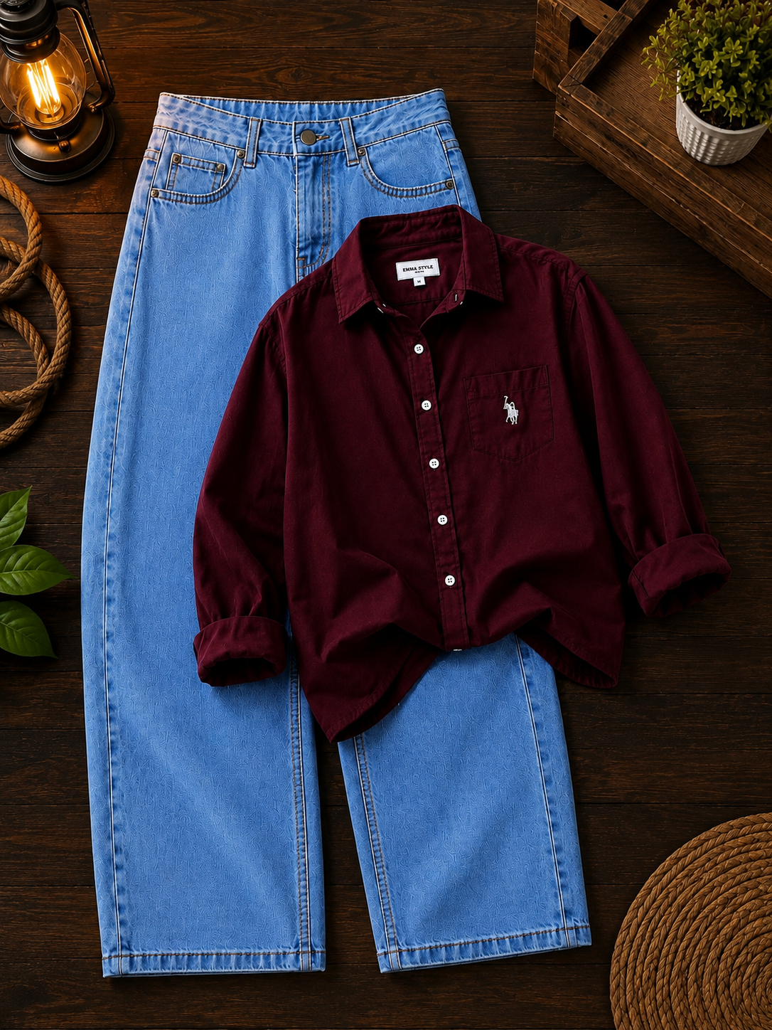 Premium Burgundy Shirt & Light Blue Denim Jeans Co-Ord Set