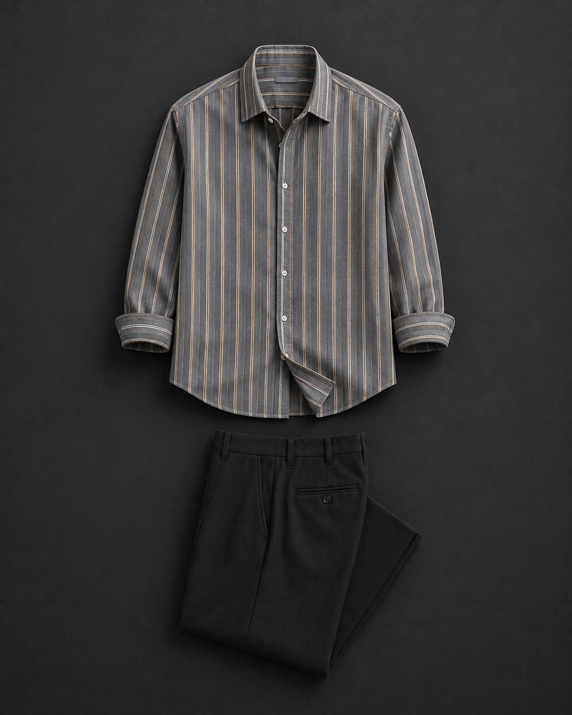 Men's Premium Grey Vertical Striped Shirt with Black Formal Trousers Combo