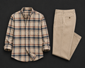 Men's Beige Checked Cotton Shirt with Khaki Casual Trousers Co-Ord Set