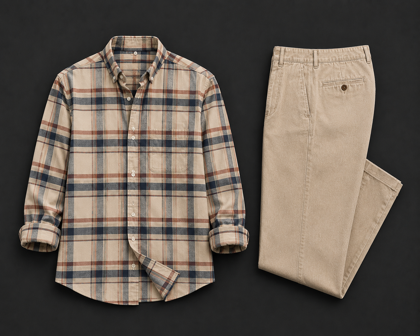 Men's Beige Checked Cotton Shirt with Khaki Casual Trousers Co-Ord Set