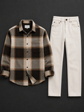 Men's Premium Brown Checked Shirt with White Denim Jeans Combo