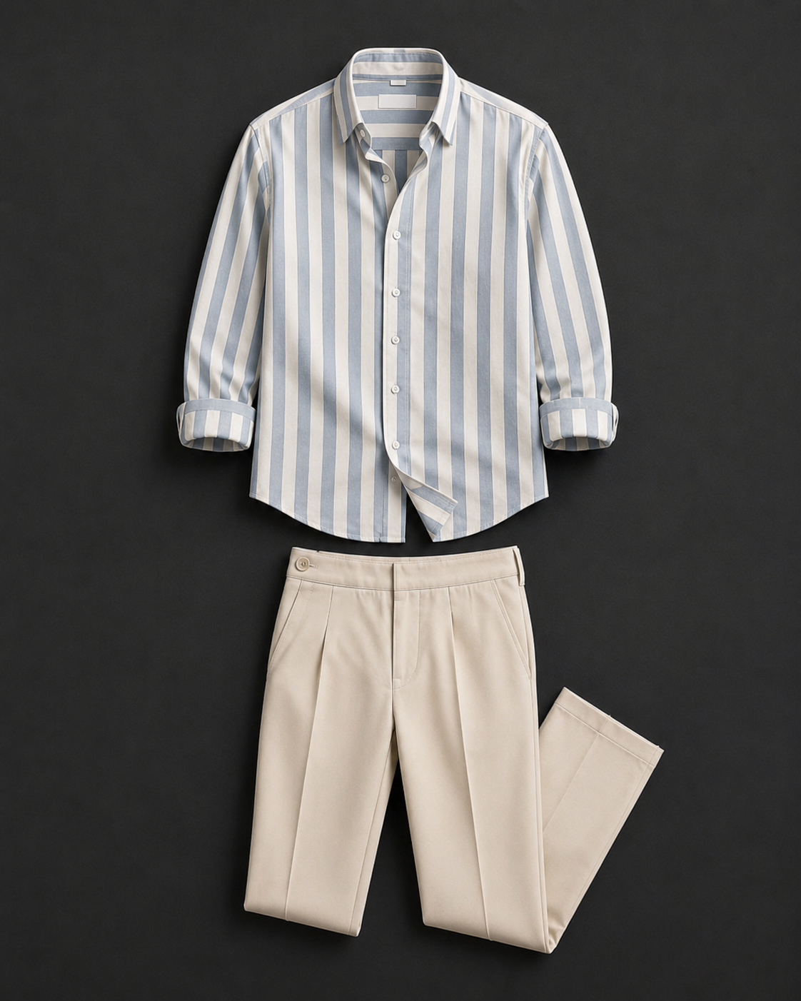 Men's Premium Sky Blue Striped Shirt & Beige Cotton Trouser Combo Set | Smart Casual Outfit