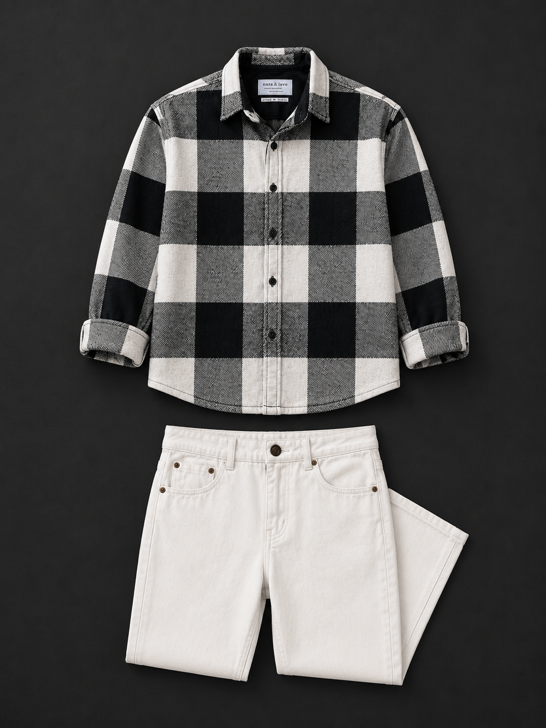 Men's Premium Black & White Buffalo Check Shirt & White Denim Jeans Combo Set