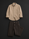 Men's Premium Beige Casual Shirt with Dark Brown Straight Fit Jeans Co-Ord Set