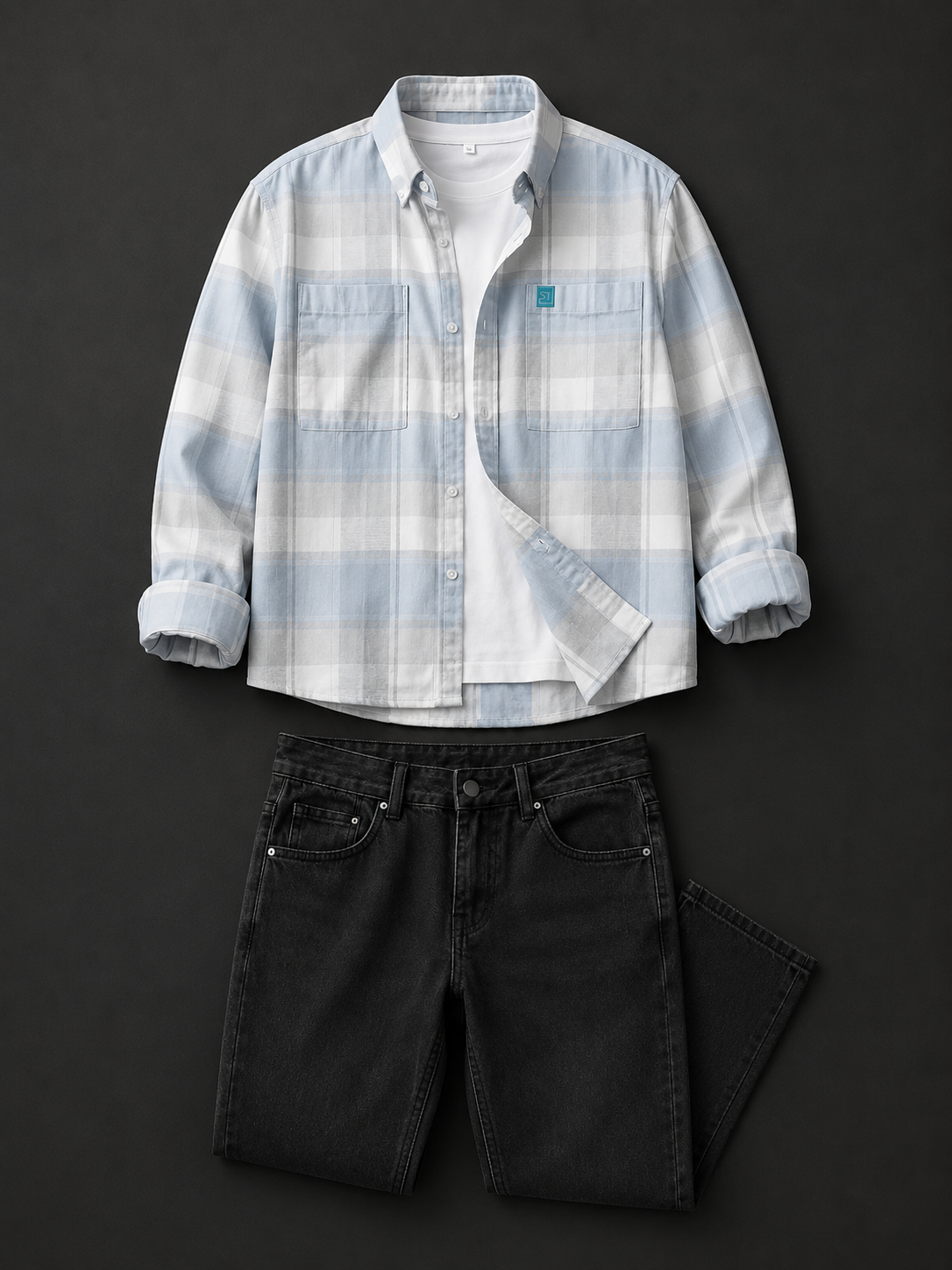 Men's Premium Light Checkered Overshirt with Black Relaxed Fit Denim Combo