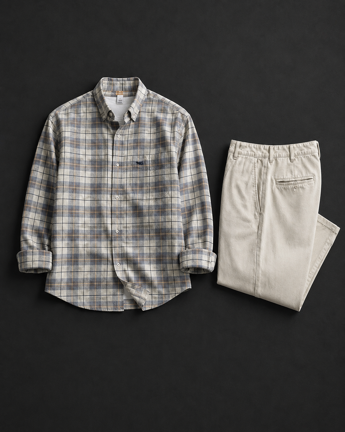 Men's Premium Grey Plaid Shirt & Beige Cotton Trouser Combo Set