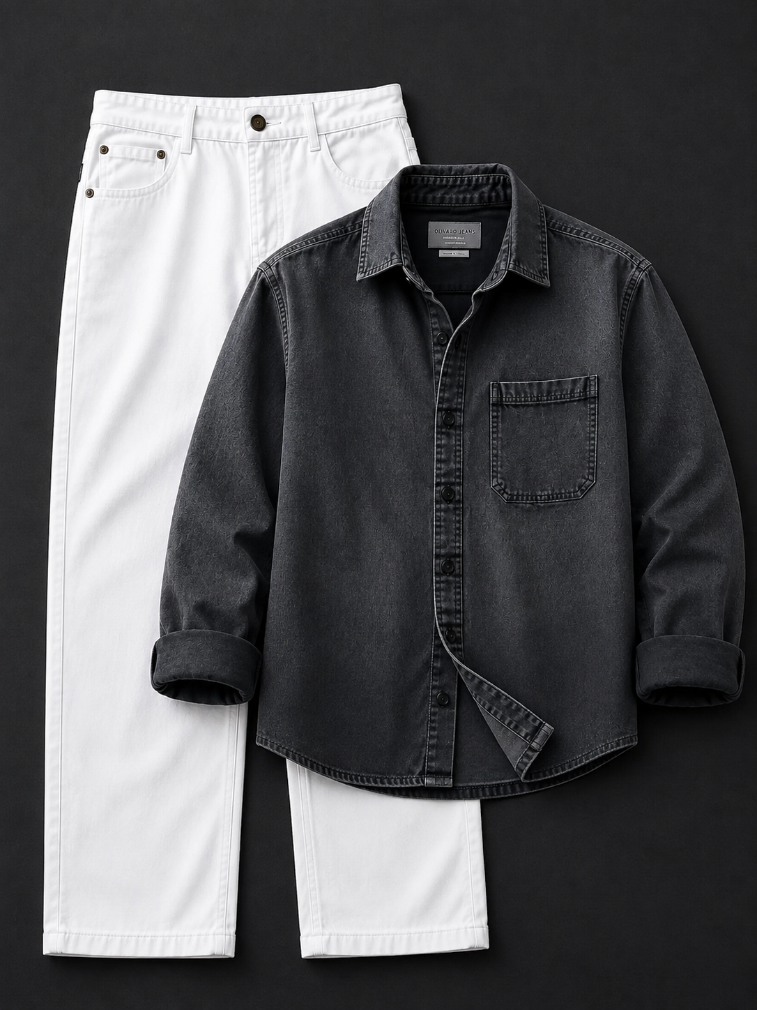Men's Washed Black Denim Shirt with White Straight Fit Jeans Co-Ord Set
