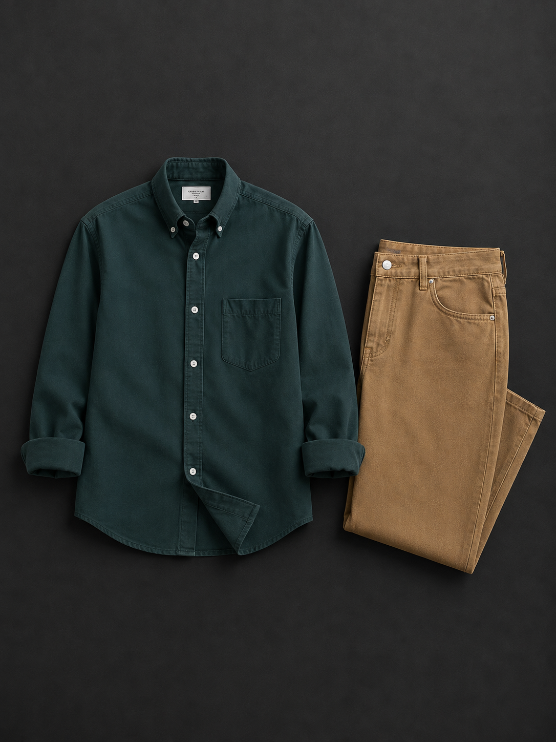 Men's Premium Dark Green Casual Shirt with Khaki Relaxed Fit Denim Combo