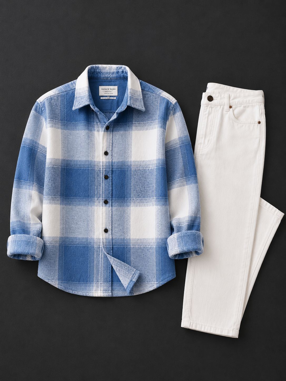 Men's Premium Blue Plaid Shirt & White Denim Jeans Combo Set