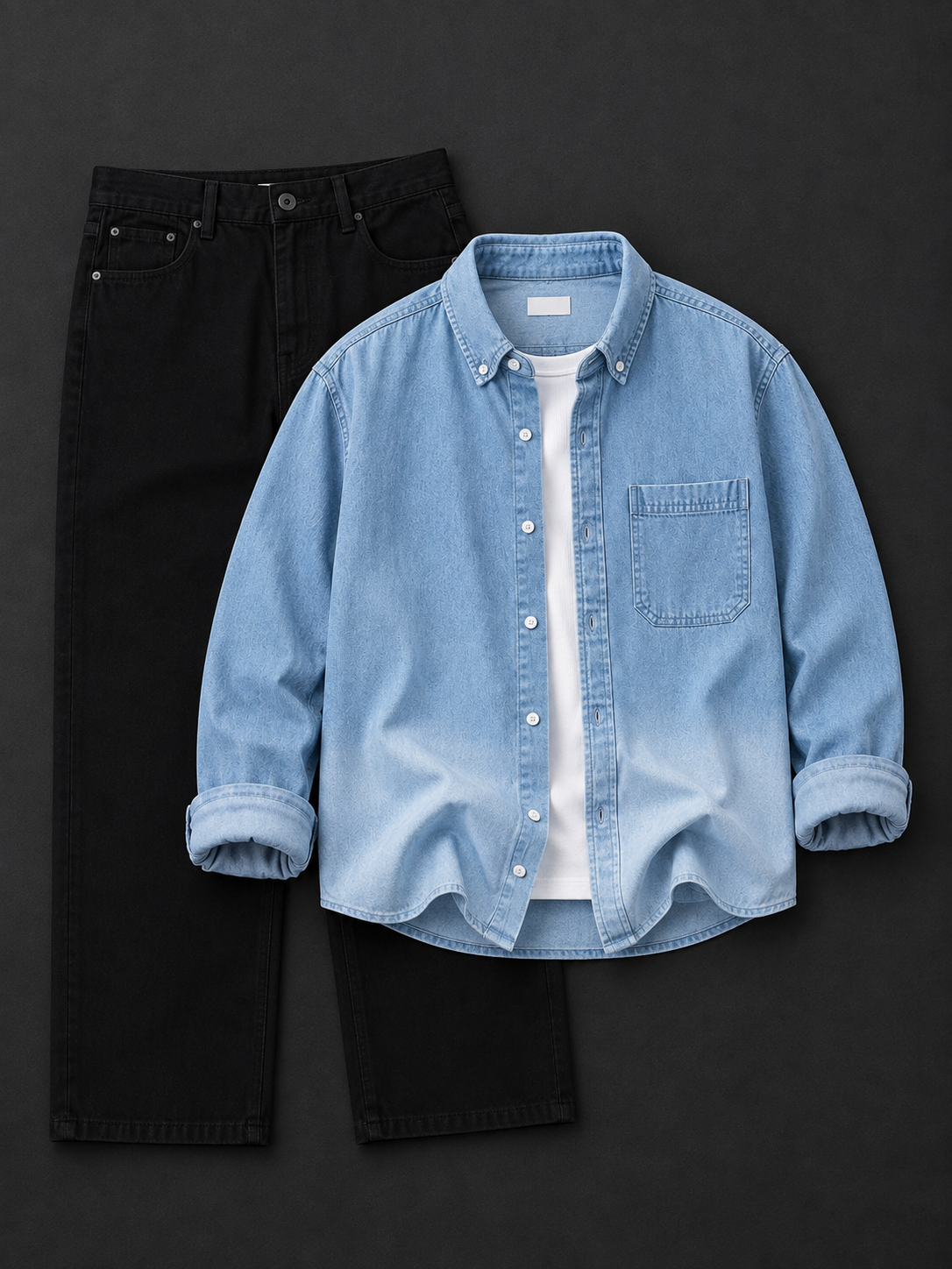 Men's Light Blue Denim Overshirt with Black Straight Fit Jeans Co-Ord Set