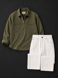 Men's Premium Olive Half-Zip Overshirt with White Relaxed Fit Denim Combo