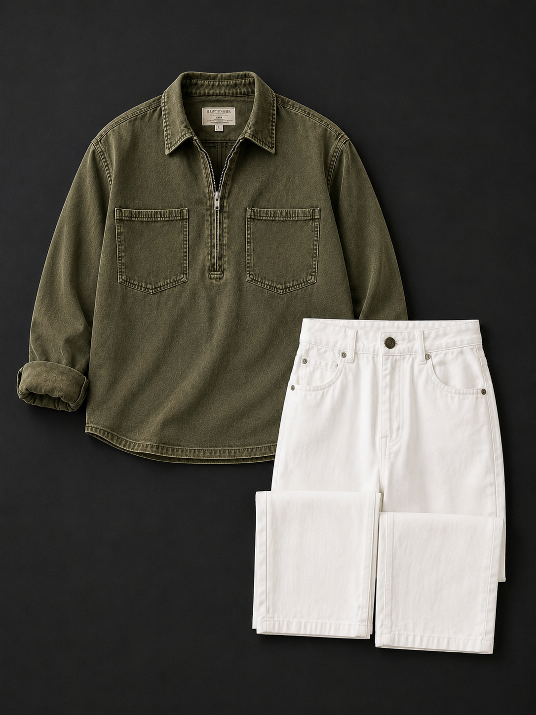 Men's Premium Olive Half-Zip Overshirt with White Relaxed Fit Denim Combo