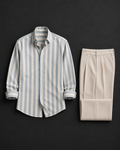 Men's Premium Light Blue Striped Shirt & Beige Pleated Trouser Combo
