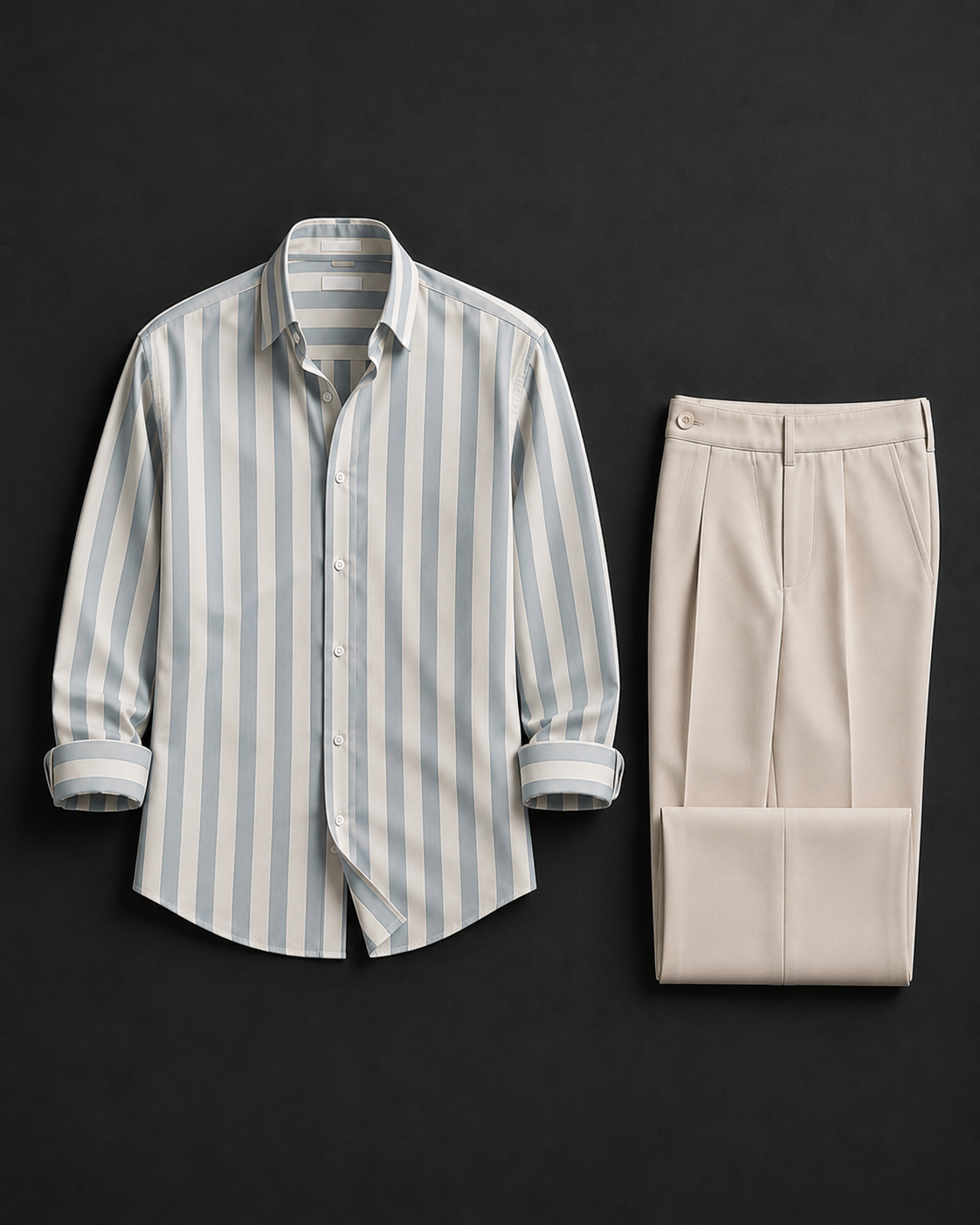 Men's Premium Light Blue Striped Shirt & Beige Pleated Trouser Combo