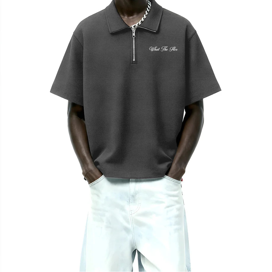 DriftWear Clothing's Grey Waffle Zip Polo Boxy-Fit T-Shirt