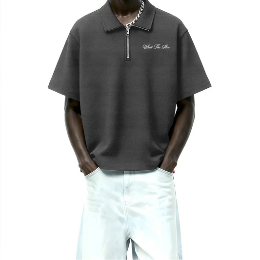 DriftWear Clothing's Grey Waffle Zip Polo Boxy-Fit T-Shirt