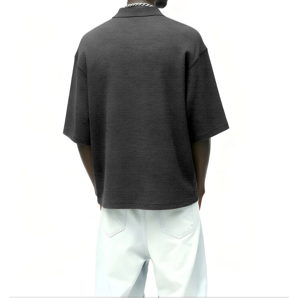 DriftWear Clothing's Grey Waffle Zip Polo Boxy-Fit T-Shirt