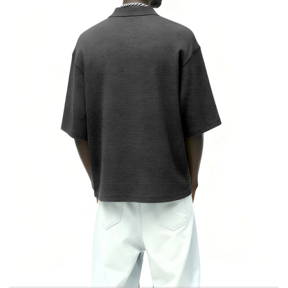 DriftWear Clothing's Grey Waffle Zip Polo Boxy-Fit T-Shirt
