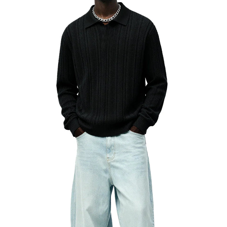 DriftWear Clothing's Ink Black Textured Full Sleeve Polo T-Shirt
