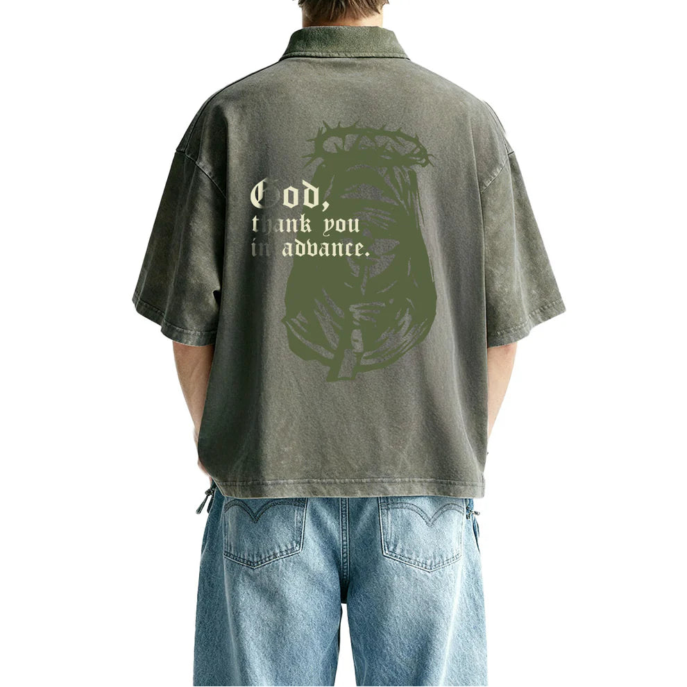 DriftWear Clothing's Thank God Acid Wash Boxy-Fit Polo T-Shirt