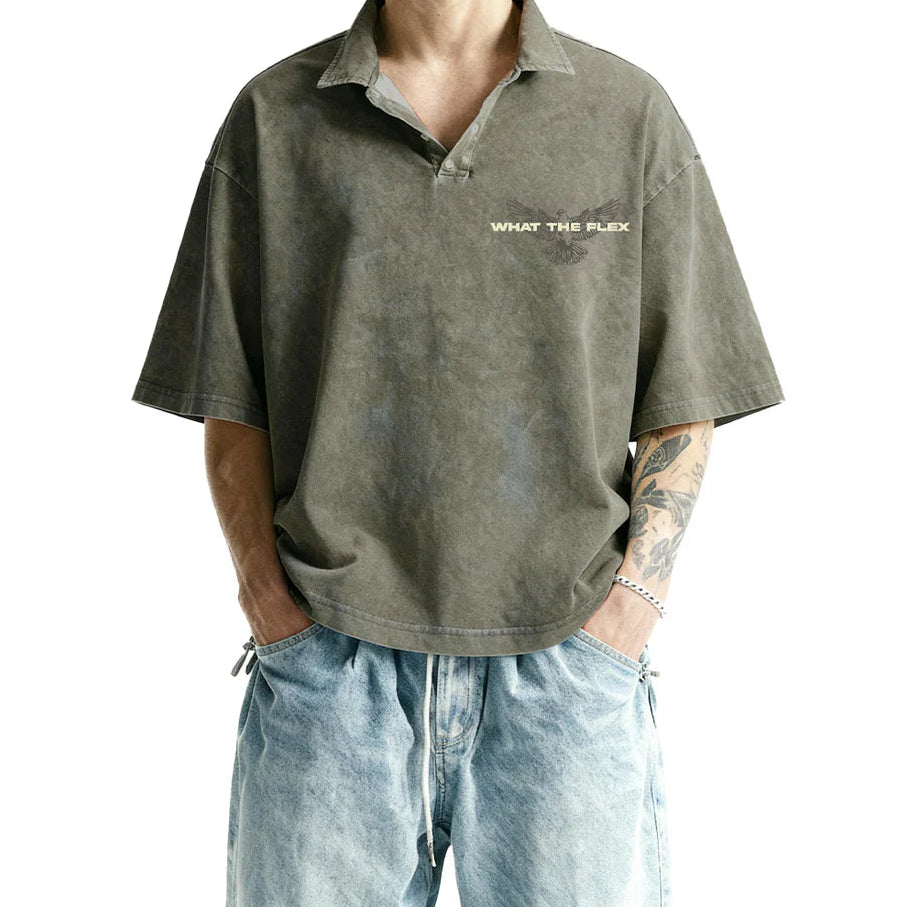 DriftWear Clothing's Thank God Acid Wash Boxy-Fit Polo T-Shirt