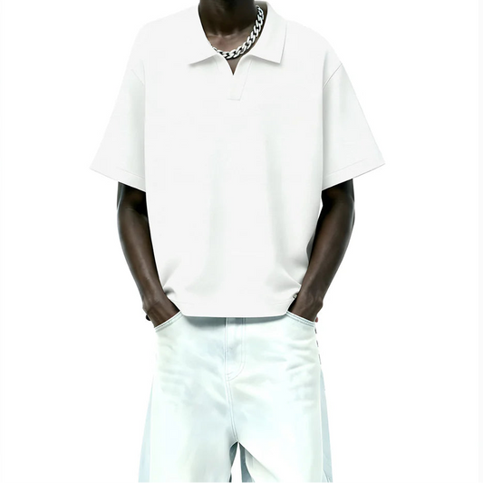 DriftWear Clothing's Off White Waffle Boxy-Fit Polo T-Shirt